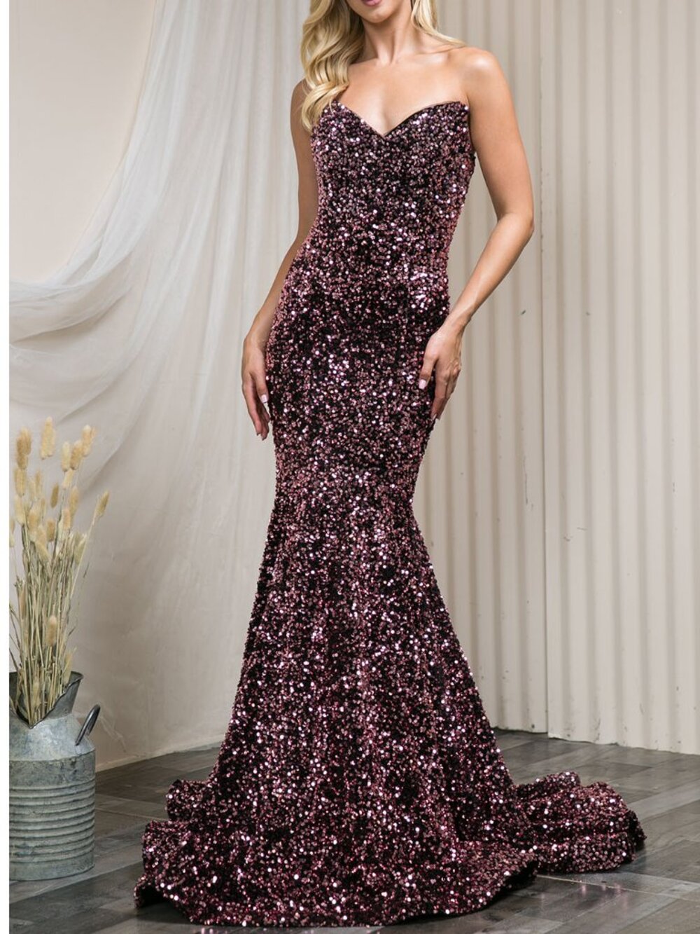 Blush Pink & Black Sequin Strapless Sweetheart Formal Dress 4
